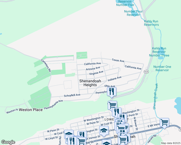map of restaurants, bars, coffee shops, grocery stores, and more near 253 Virginia Avenue in Shenandoah