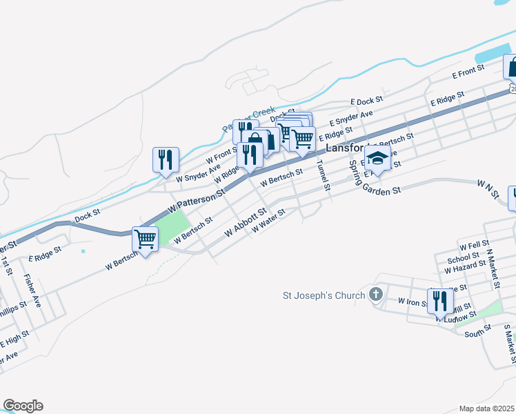 map of restaurants, bars, coffee shops, grocery stores, and more near 222 W Abbott St in Lansford
