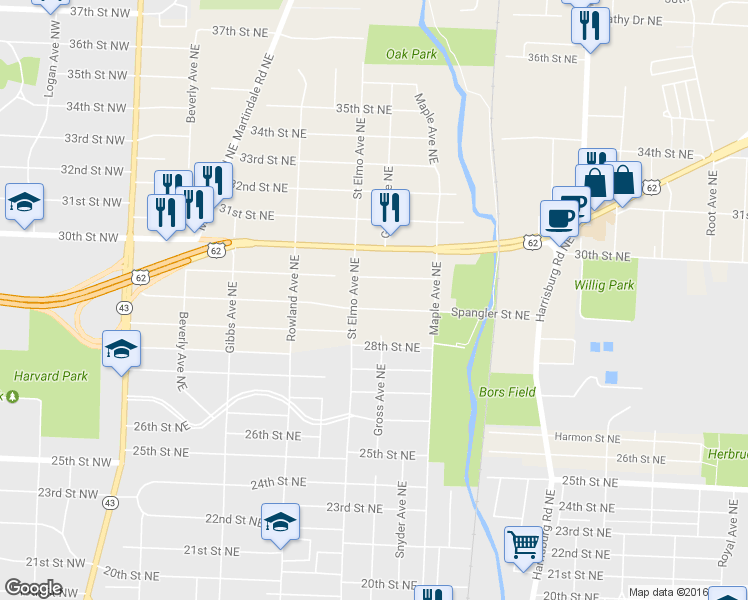 map of restaurants, bars, coffee shops, grocery stores, and more near 1523 Spangler Street Northeast in Canton