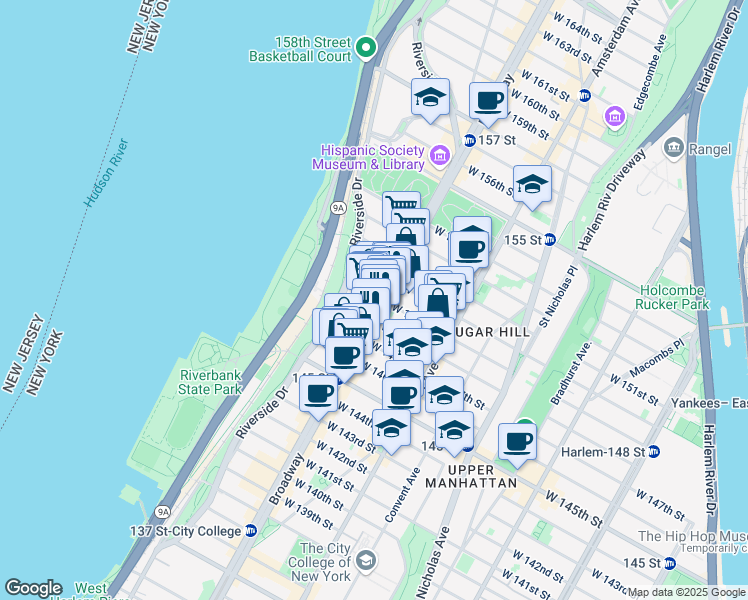 map of restaurants, bars, coffee shops, grocery stores, and more near 3609 Broadway in New York