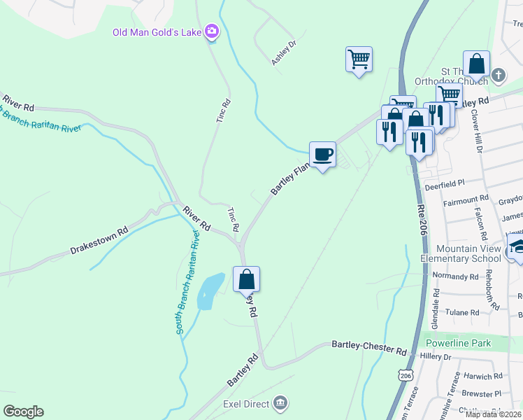 map of restaurants, bars, coffee shops, grocery stores, and more near 129 Bartley Flanders Road in Mount Olive