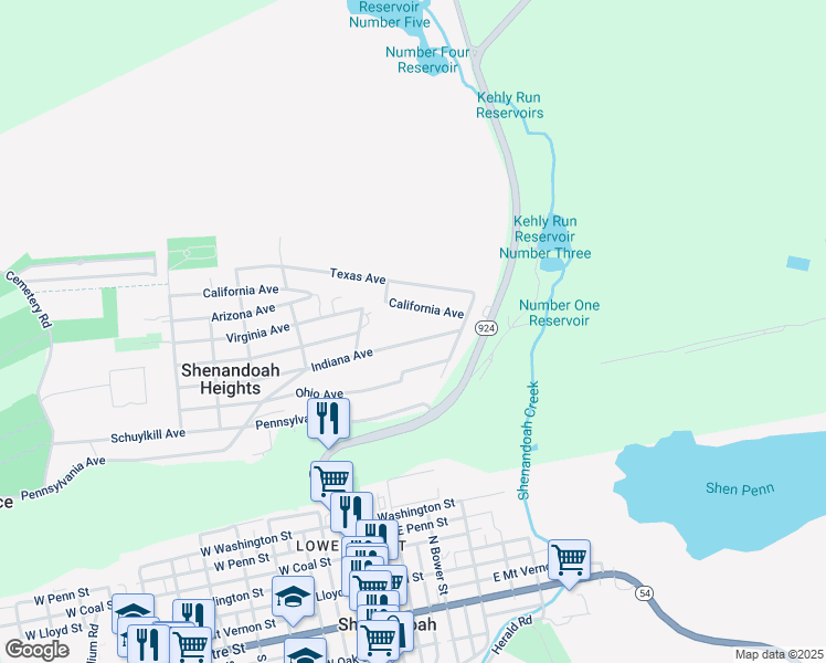 map of restaurants, bars, coffee shops, grocery stores, and more near 495 Indiana Avenue in Shenandoah