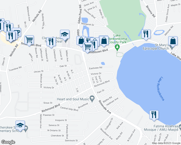 map of restaurants, bars, coffee shops, grocery stores, and more near 412 Victory Drive in Ronkonkoma