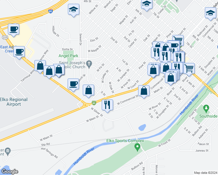 map of restaurants, bars, coffee shops, grocery stores, and more near 470 West Oak Street in Elko