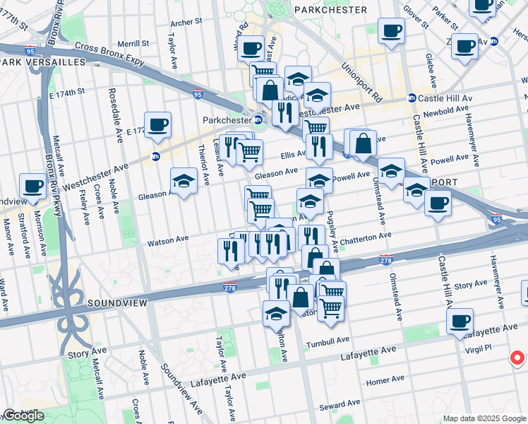 map of restaurants, bars, coffee shops, grocery stores, and more near 1101 Virginia Avenue in The Bronx