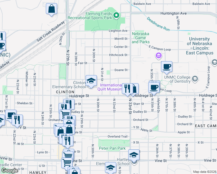 map of restaurants, bars, coffee shops, grocery stores, and more near 3116 Holdrege Street in Lincoln