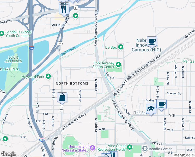 map of restaurants, bars, coffee shops, grocery stores, and more near 1546 North 14th Street in Lincoln
