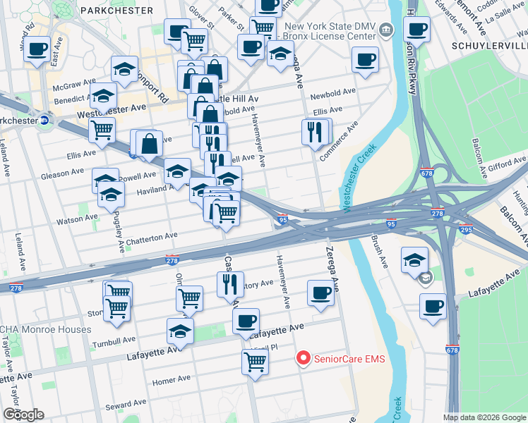 map of restaurants, bars, coffee shops, grocery stores, and more near Havemeyer Avenue in Bronx