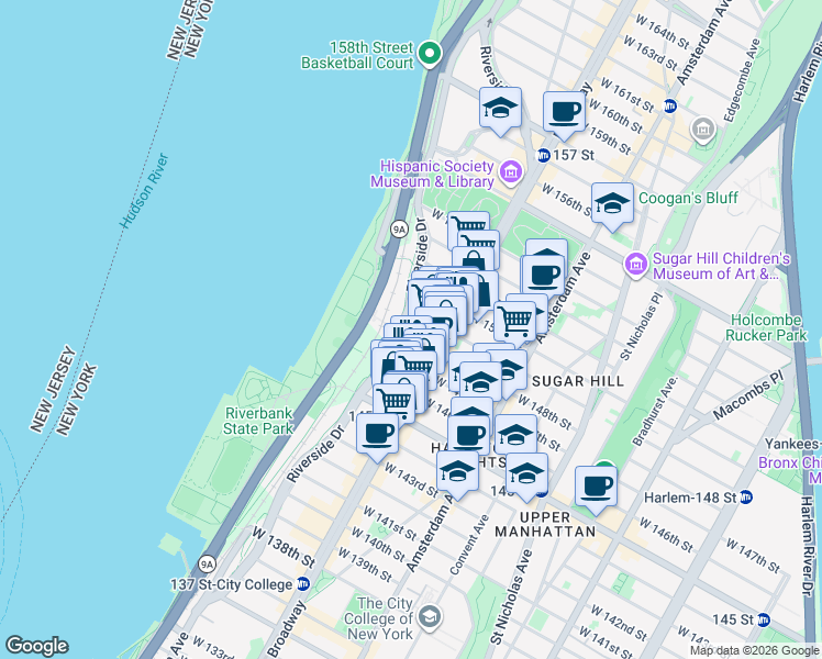 map of restaurants, bars, coffee shops, grocery stores, and more near 710 Riverside Drive in New York