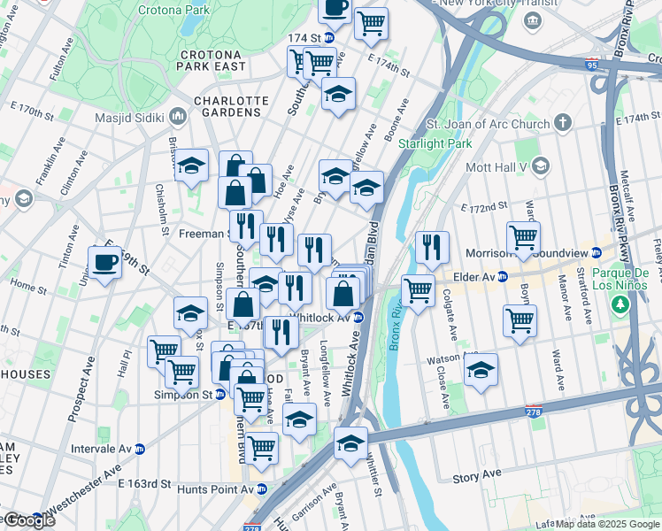 map of restaurants, bars, coffee shops, grocery stores, and more near 1028 Freeman Street in Bronx