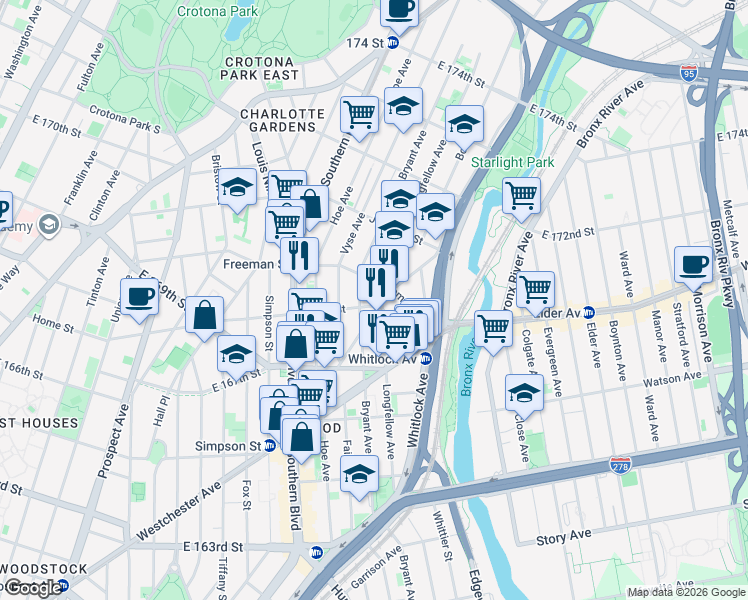 map of restaurants, bars, coffee shops, grocery stores, and more near in The Bronx