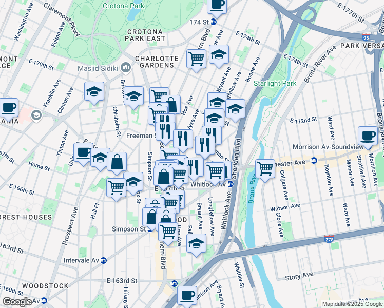 map of restaurants, bars, coffee shops, grocery stores, and more near 1175 Vyse Avenue in Bronx