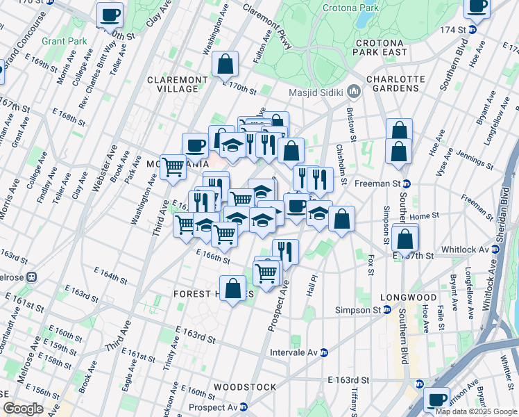 map of restaurants, bars, coffee shops, grocery stores, and more near 1180 Tinton Avenue in Bronx