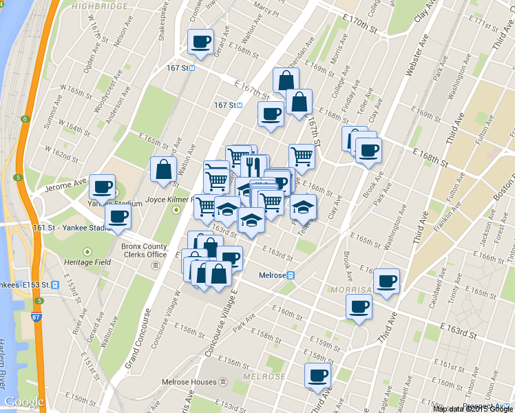 map of restaurants, bars, coffee shops, grocery stores, and more near 985 Morris Avenue in Bronx