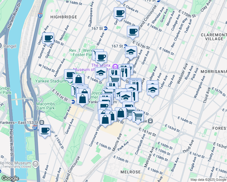 map of restaurants, bars, coffee shops, grocery stores, and more near in The Bronx