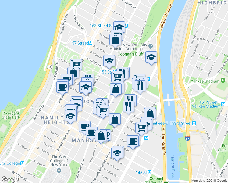 map of restaurants, bars, coffee shops, grocery stores, and more near 48 Saint Nicholas Place in New York