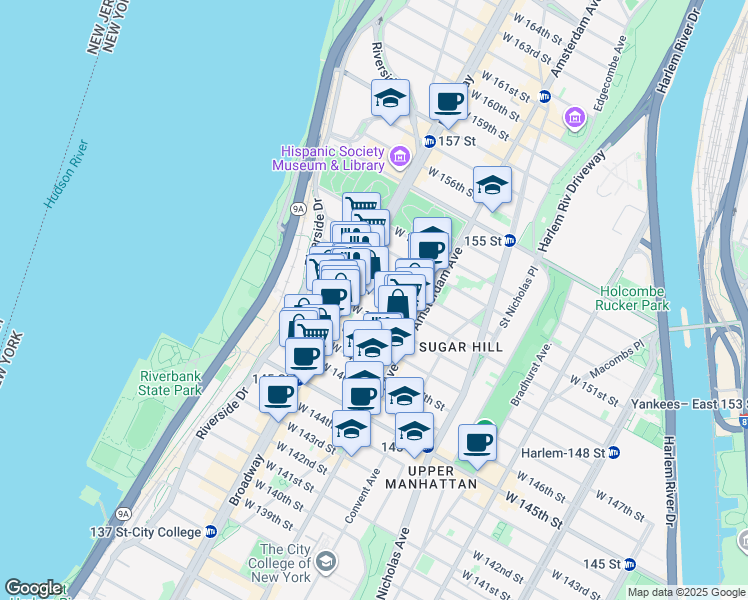 map of restaurants, bars, coffee shops, grocery stores, and more near 531 West 149th Street in New York