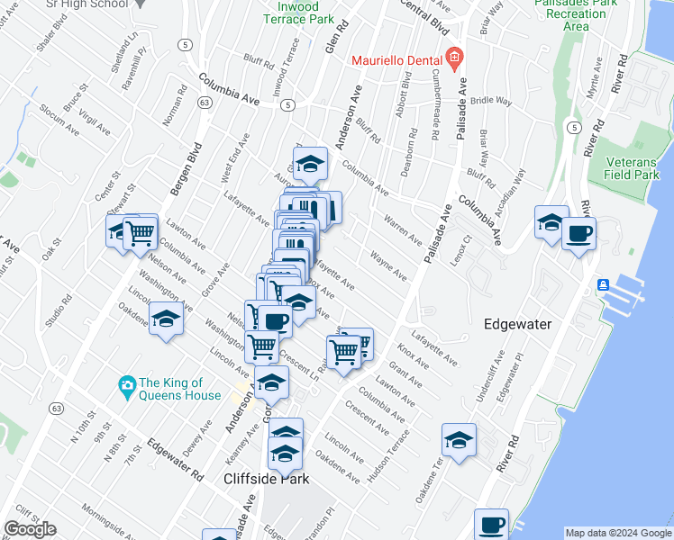 map of restaurants, bars, coffee shops, grocery stores, and more near 272 Lafayette Avenue in Cliffside Park