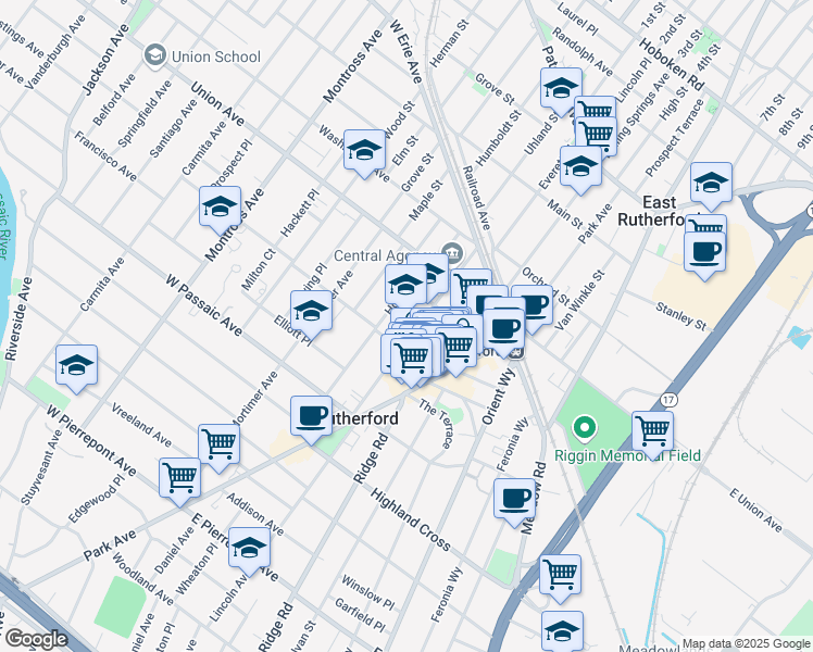 map of restaurants, bars, coffee shops, grocery stores, and more near 74 Kip Avenue in Rutherford