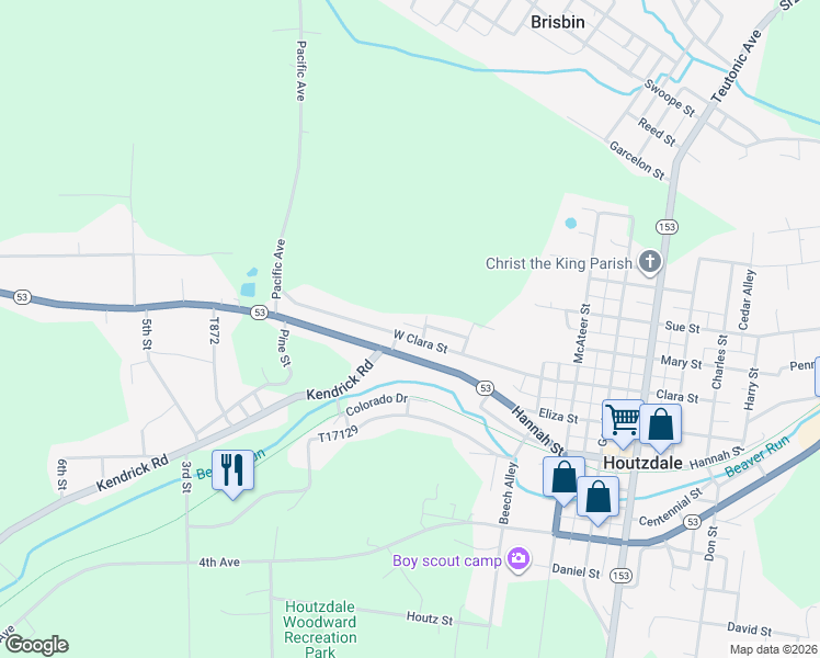 map of restaurants, bars, coffee shops, grocery stores, and more near 988 West Clara Street in Houtzdale