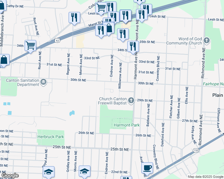 map of restaurants, bars, coffee shops, grocery stores, and more near 2952 Sahara Avenue Northeast in Canton