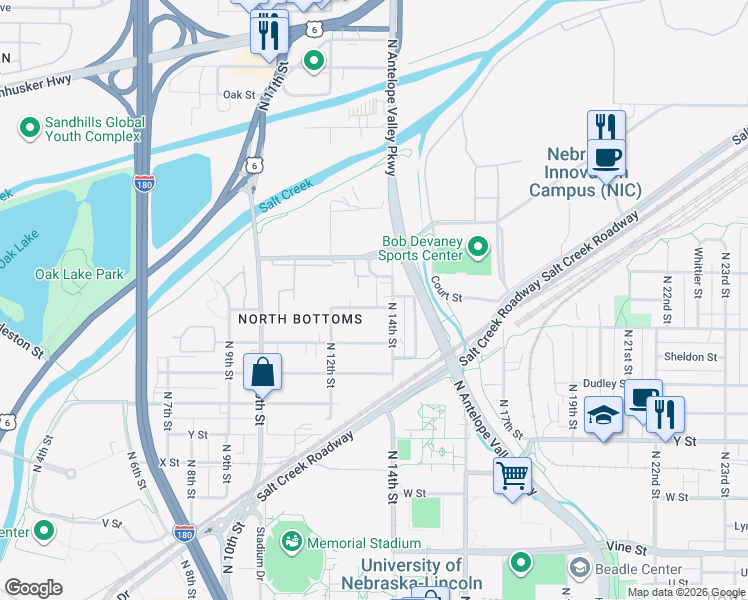 map of restaurants, bars, coffee shops, grocery stores, and more near 1321 Court Street in Lincoln