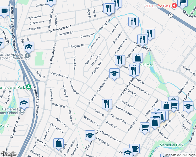 map of restaurants, bars, coffee shops, grocery stores, and more near 30 Alexander Avenue in Nutley