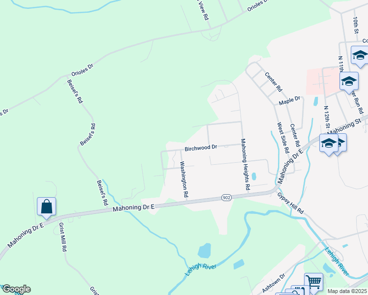 map of restaurants, bars, coffee shops, grocery stores, and more near 174 Birchwood Drive in Lehighton
