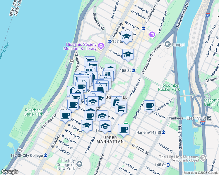 map of restaurants, bars, coffee shops, grocery stores, and more near Amsterdam Ave & W 151st St in New York