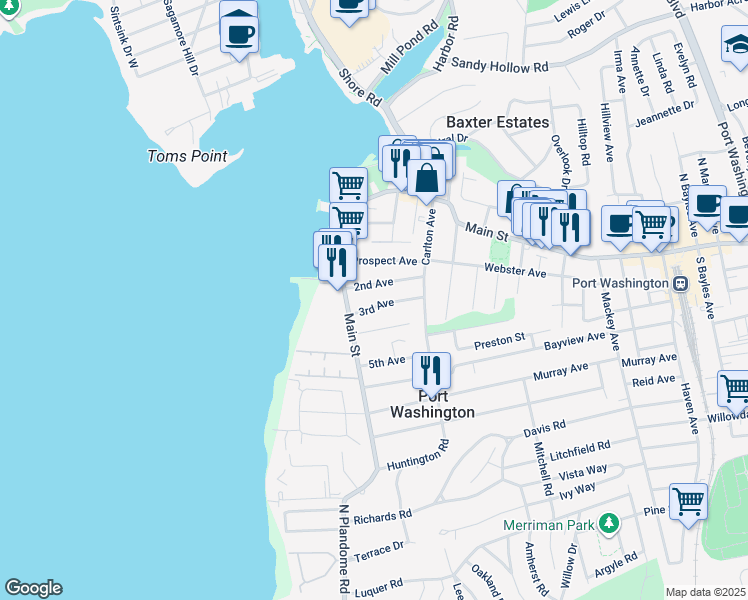 map of restaurants, bars, coffee shops, grocery stores, and more near 10 3rd Avenue in Port Washington