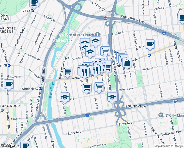 map of restaurants, bars, coffee shops, grocery stores, and more near 1167 Manor Avenue in Bronx