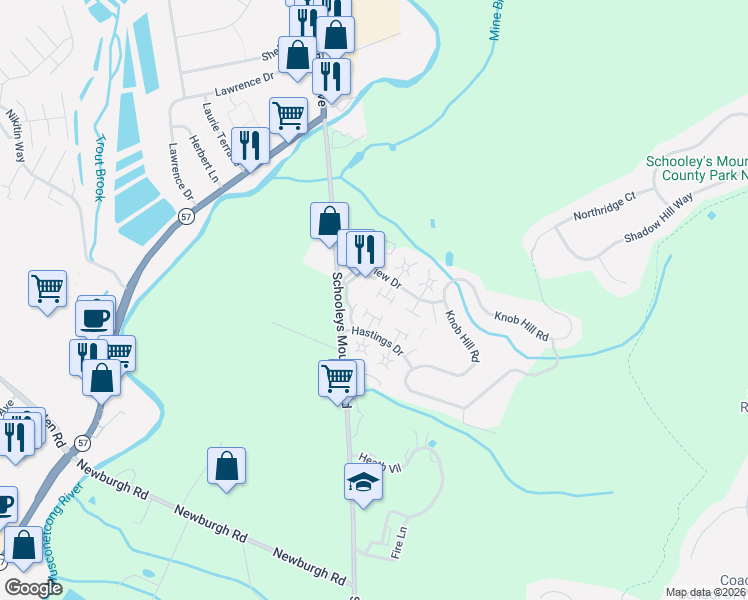 map of restaurants, bars, coffee shops, grocery stores, and more near 15 Schindler Square in Hackettstown