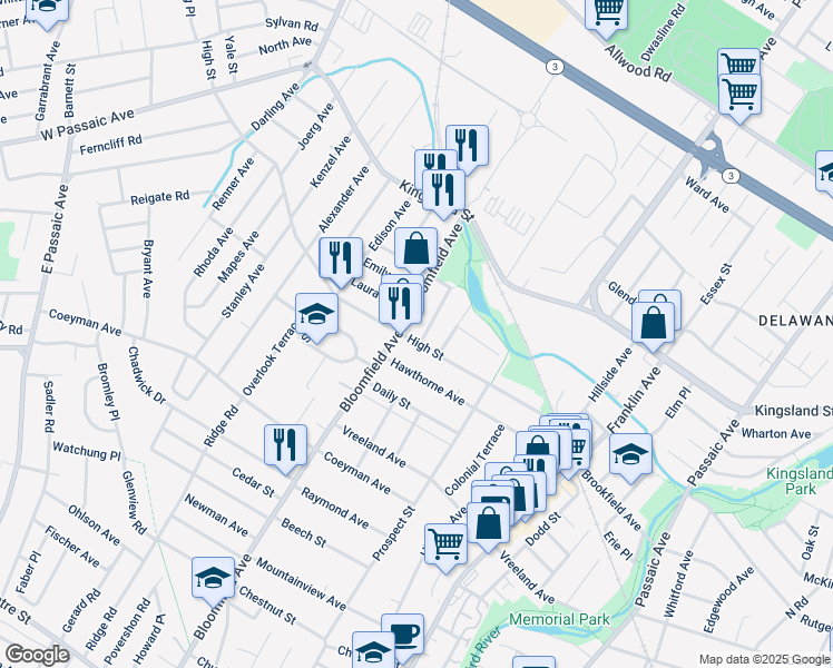 map of restaurants, bars, coffee shops, grocery stores, and more near 152 High Street in Nutley