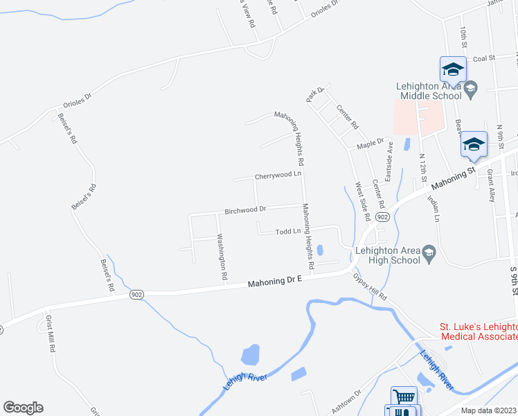 map of restaurants, bars, coffee shops, grocery stores, and more near 174 Birchwood Drive in Lehighton