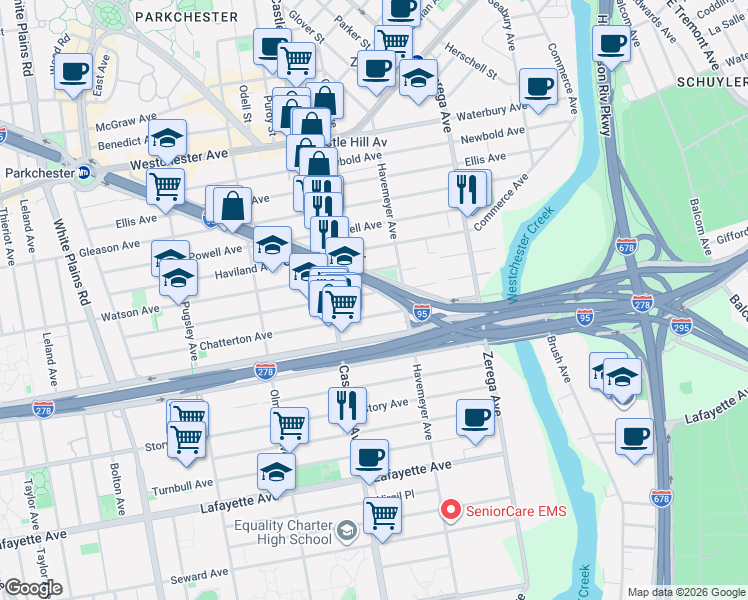 map of restaurants, bars, coffee shops, grocery stores, and more near 2250 Chatterton Avenue in The Bronx
