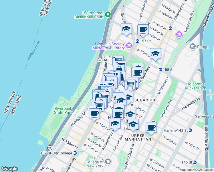 map of restaurants, bars, coffee shops, grocery stores, and more near 603 West 148th Street in New York