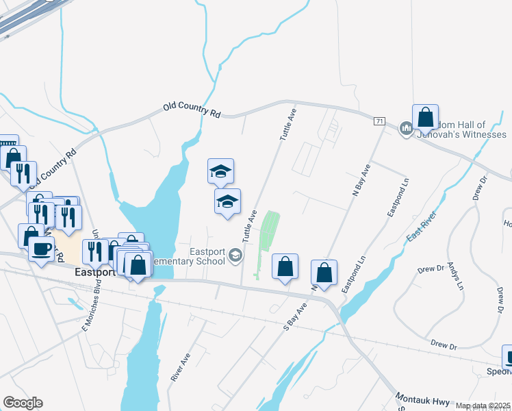 map of restaurants, bars, coffee shops, grocery stores, and more near Tuttle Avenue in Eastport