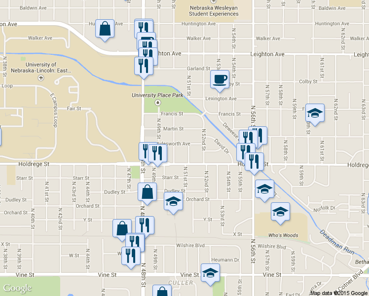 map of restaurants, bars, coffee shops, grocery stores, and more near 5037 Aylesworth Avenue in Lincoln