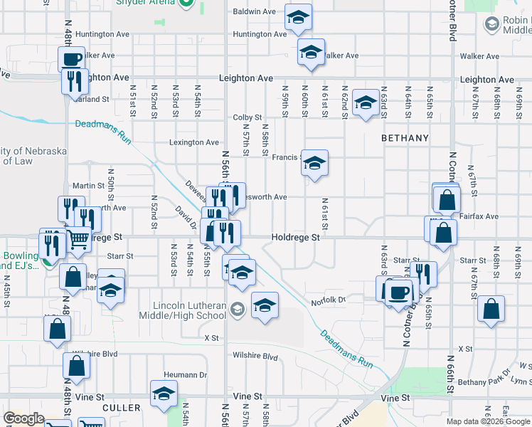 map of restaurants, bars, coffee shops, grocery stores, and more near 1526 North 57th Street in Lincoln