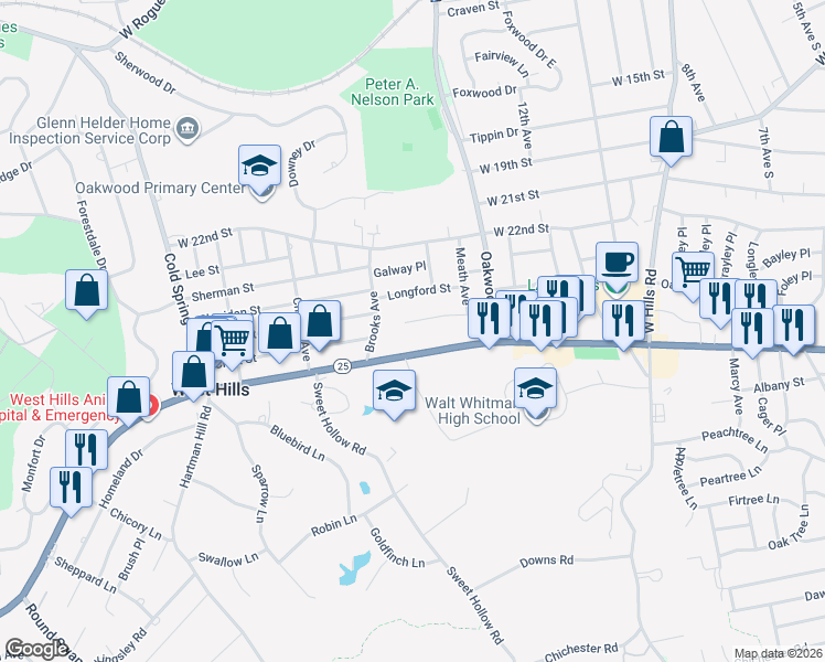 map of restaurants, bars, coffee shops, grocery stores, and more near 359 West Jericho Turnpike in Huntington