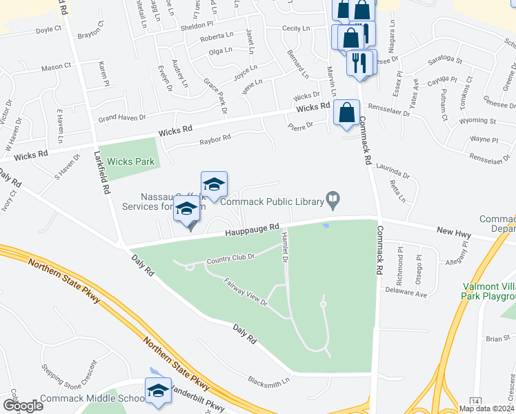 map of restaurants, bars, coffee shops, grocery stores, and more near 68 Hauppauge Road in Commack