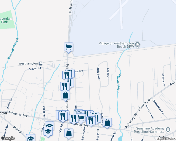 map of restaurants, bars, coffee shops, grocery stores, and more near 69 Rogers Avenue in Westhampton Beach