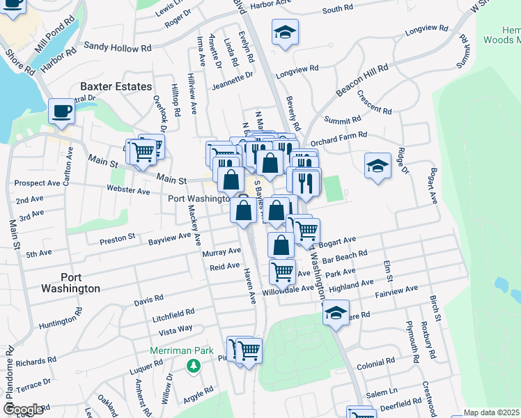map of restaurants, bars, coffee shops, grocery stores, and more near 31 South Bayles Avenue in Port Washington