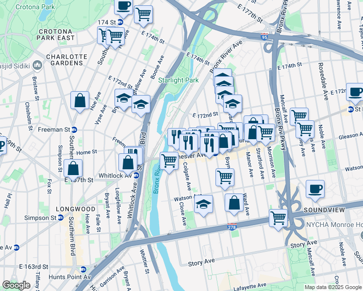 map of restaurants, bars, coffee shops, grocery stores, and more near 1457A Wchester Avenue in Bronx