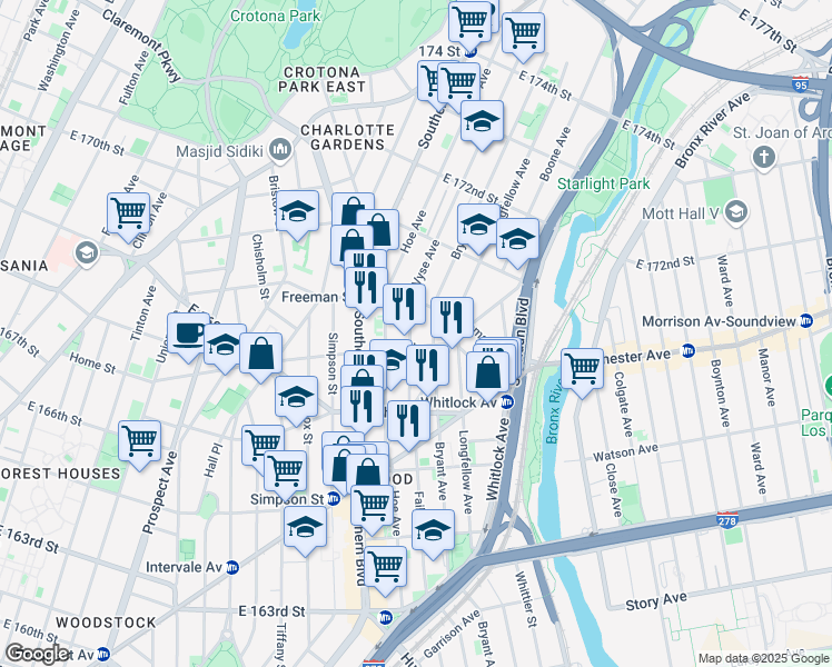 map of restaurants, bars, coffee shops, grocery stores, and more near 1175 Vyse Avenue in Bronx