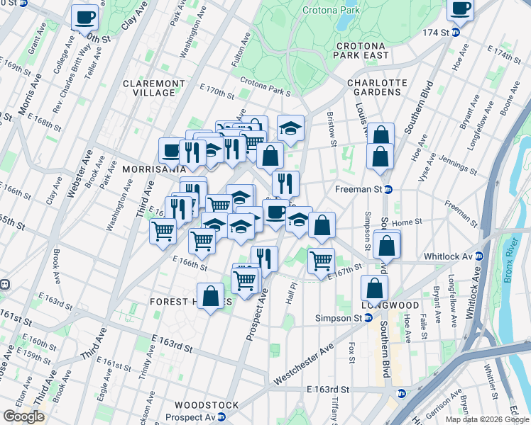 map of restaurants, bars, coffee shops, grocery stores, and more near 810 East 168th Street in Bronx