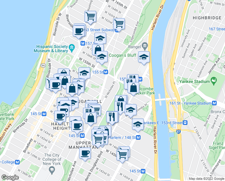 map of restaurants, bars, coffee shops, grocery stores, and more near 48 Saint Nicholas Place in New York