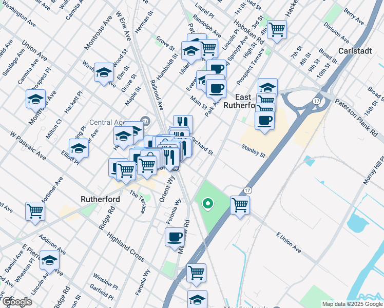 map of restaurants, bars, coffee shops, grocery stores, and more near 167 Union Avenue in East Rutherford