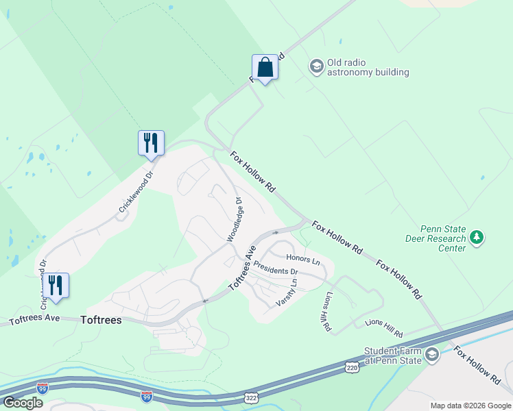 map of restaurants, bars, coffee shops, grocery stores, and more near 1813 Woodledge Drive in State College