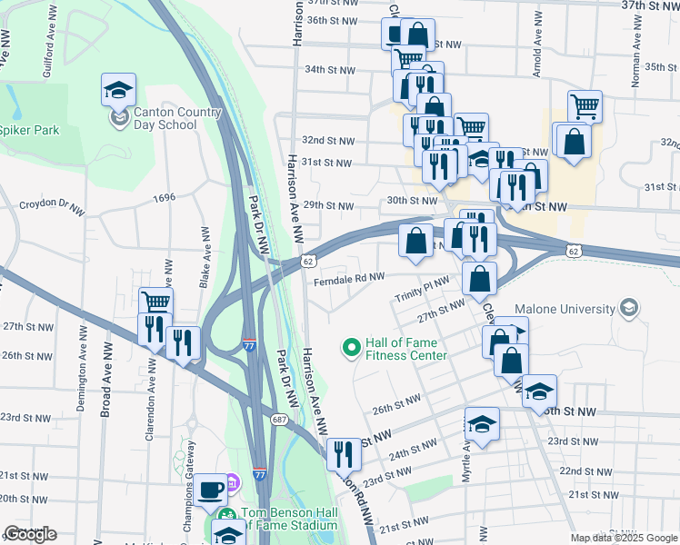 map of restaurants, bars, coffee shops, grocery stores, and more near 1918 Ferndale Road Northwest in Canton